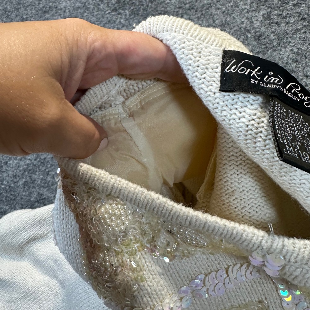Work in Progress Sweater Women Medium Cream Sequin Beaded Vintage Glam Party - Picture 11 of 15